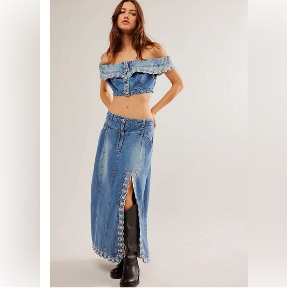 Free People Kora Set Denim Embroidered Maxi Skirt and Cropped Top